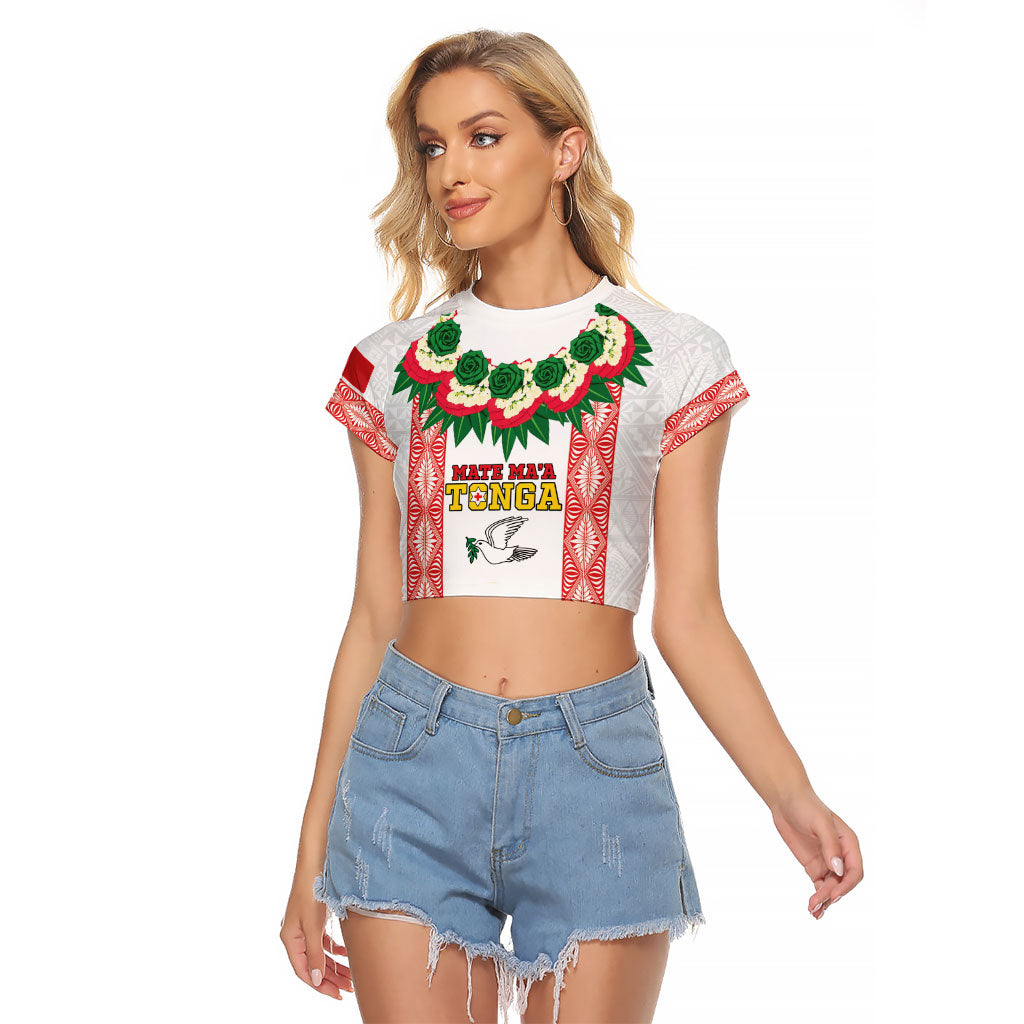 Mate Ma'a Tonga Rugby Custom Raglan Cropped T Shirt Tongan Kahoa Lei Ngatu Pattern White LT14 Female White - Polynesian Pride