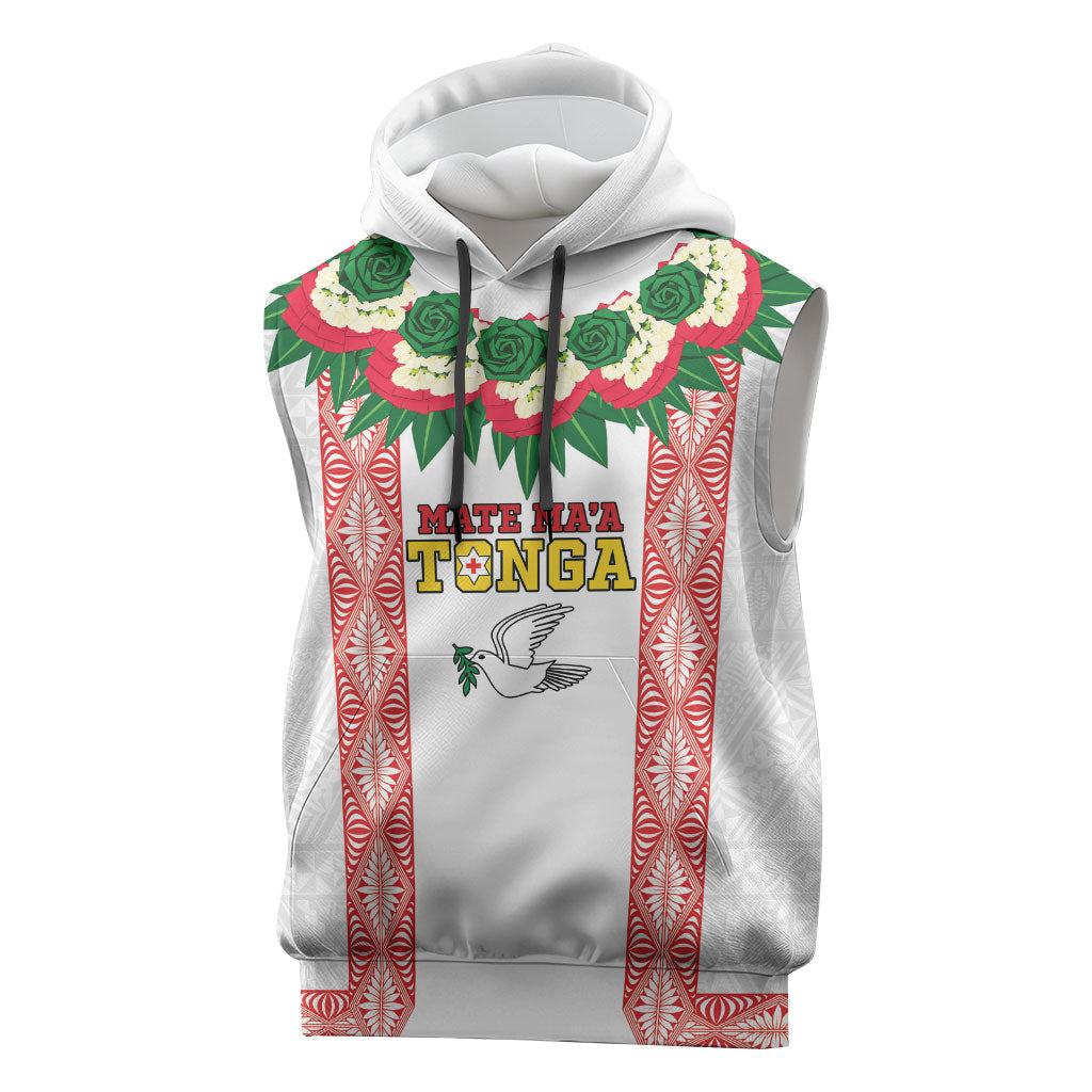 Mate Ma'a Tonga Rugby Custom Sleeveless Hoodie Tongan Kahoa Lei Ngatu Pattern White LT14 White - Polynesian Pride