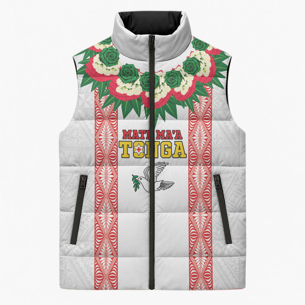 Mate Ma'a Tonga Rugby Custom Sleeveless Puffer Jacket Tongan Kahoa Lei Ngatu Pattern White LT14 Unisex White - Polynesian Pride