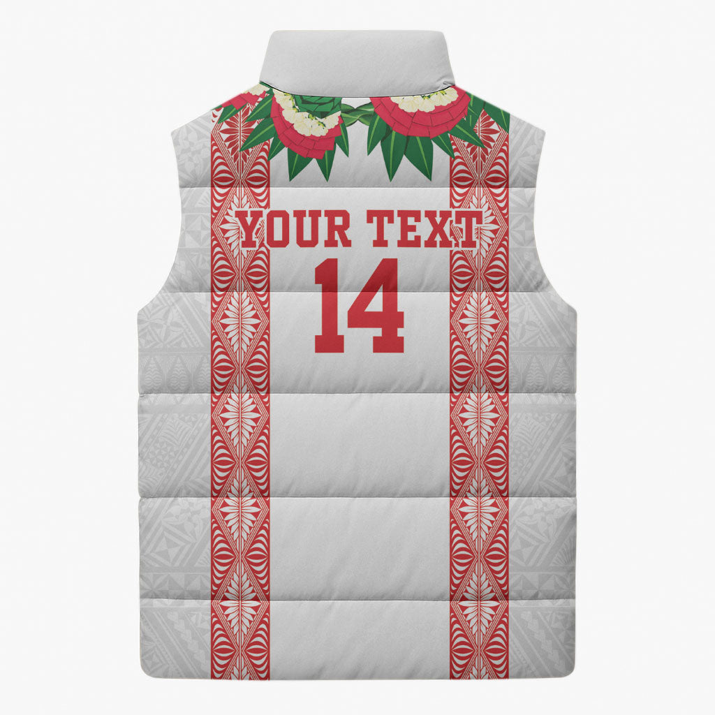 Mate Ma'a Tonga Rugby Custom Sleeveless Puffer Jacket Tongan Kahoa Lei Ngatu Pattern White LT14 - Polynesian Pride