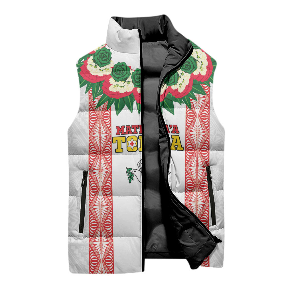 Mate Ma'a Tonga Rugby Custom Sleeveless Puffer Jacket Tongan Kahoa Lei Ngatu Pattern White LT14 - Polynesian Pride