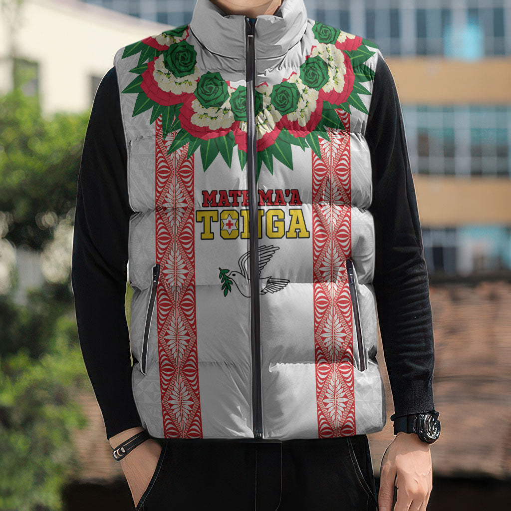 Mate Ma'a Tonga Rugby Custom Sleeveless Puffer Jacket Tongan Kahoa Lei Ngatu Pattern White LT14 - Polynesian Pride
