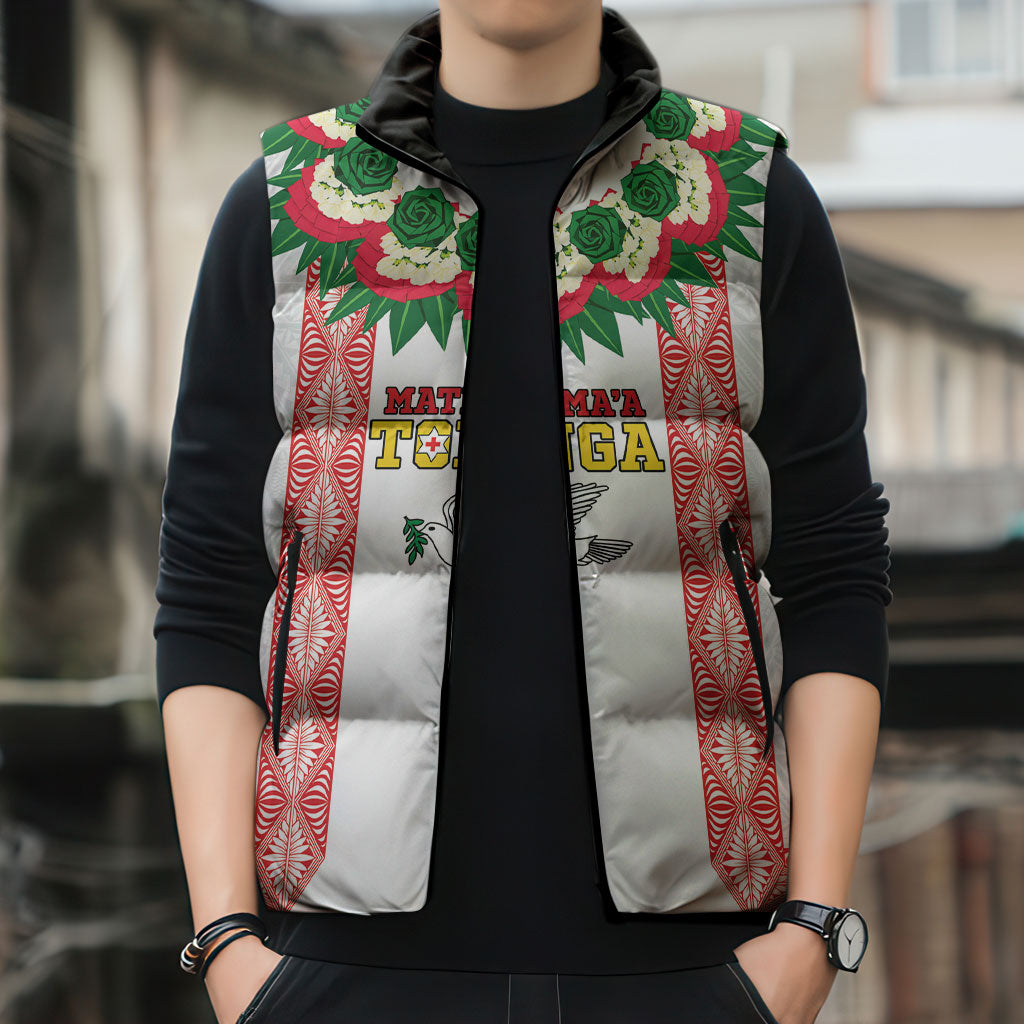 Mate Ma'a Tonga Rugby Custom Sleeveless Puffer Jacket Tongan Kahoa Lei Ngatu Pattern White LT14 - Polynesian Pride