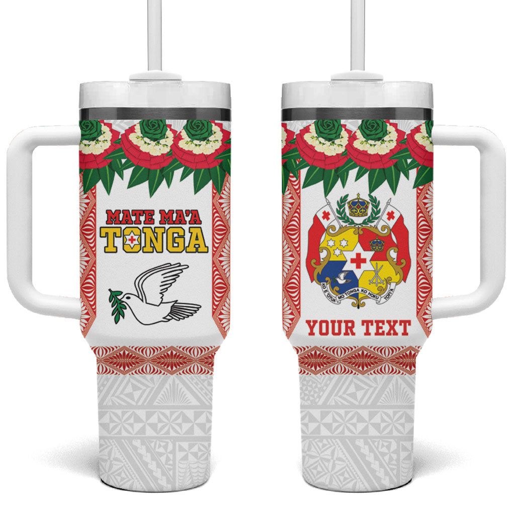 Mate Ma'a Tonga Rugby Custom Tumbler With Handle Tongan Kahoa Lei Ngatu Pattern White LT14 One Size: 40 oz White - Polynesian Pride