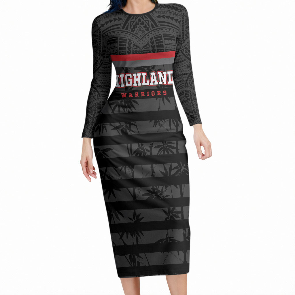 Fiji Naitasiri Rugby Custom Long Sleeve Bodycon Dress Go Highland Warriors LT14 Long Dress Black - Polynesian Pride