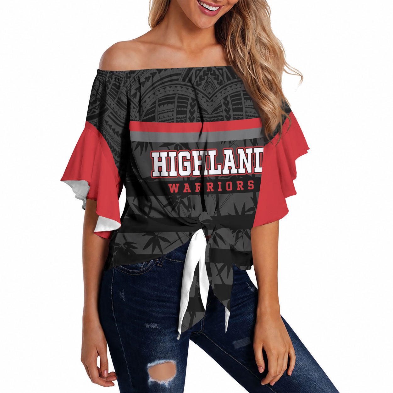 Fiji Naitasiri Rugby Custom Off Shoulder Wrap Waist Top Go Highland Warriors LT14 Black - Polynesian Pride
