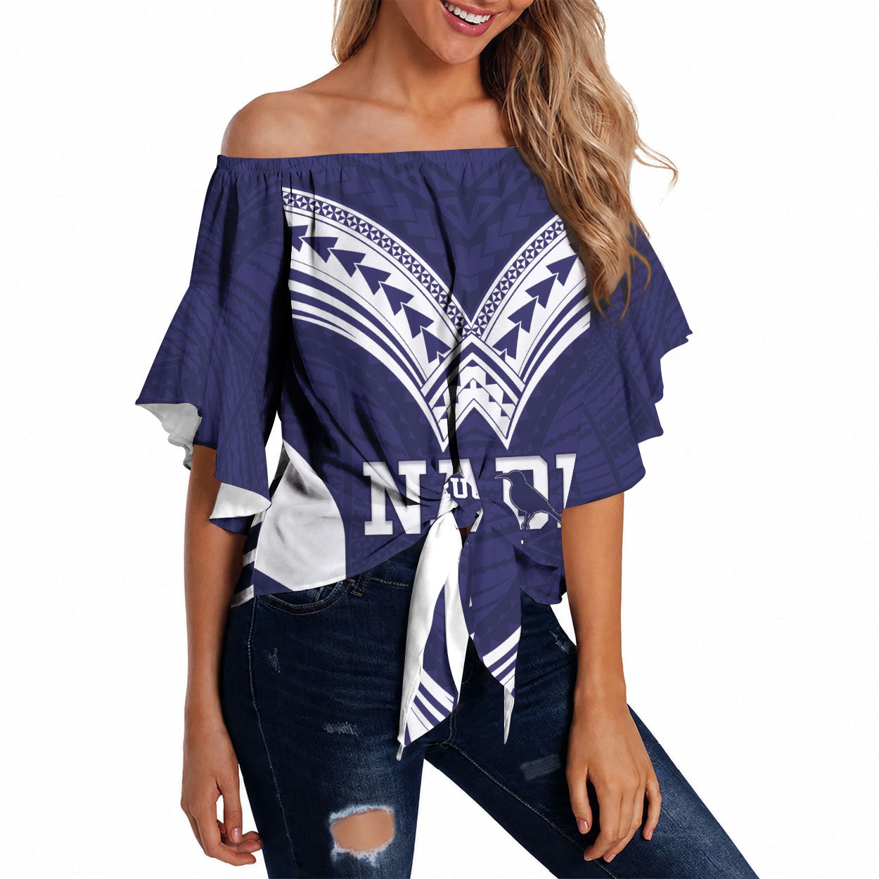 Fiji Nadi Rugby Custom Off Shoulder Wrap Waist Top Kikau O Nadi Ko LT14 Blue - Polynesian Pride