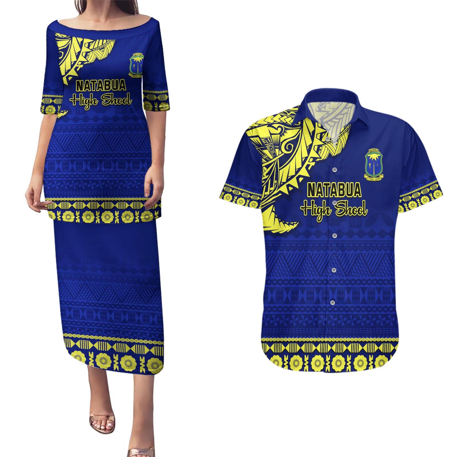 Personalised Fiji Natabua High School Couples Matching Puletasi Dress and Hawaiian Shirt Fijian Tapa Pattern LT14 Blue - Polynesian Pride