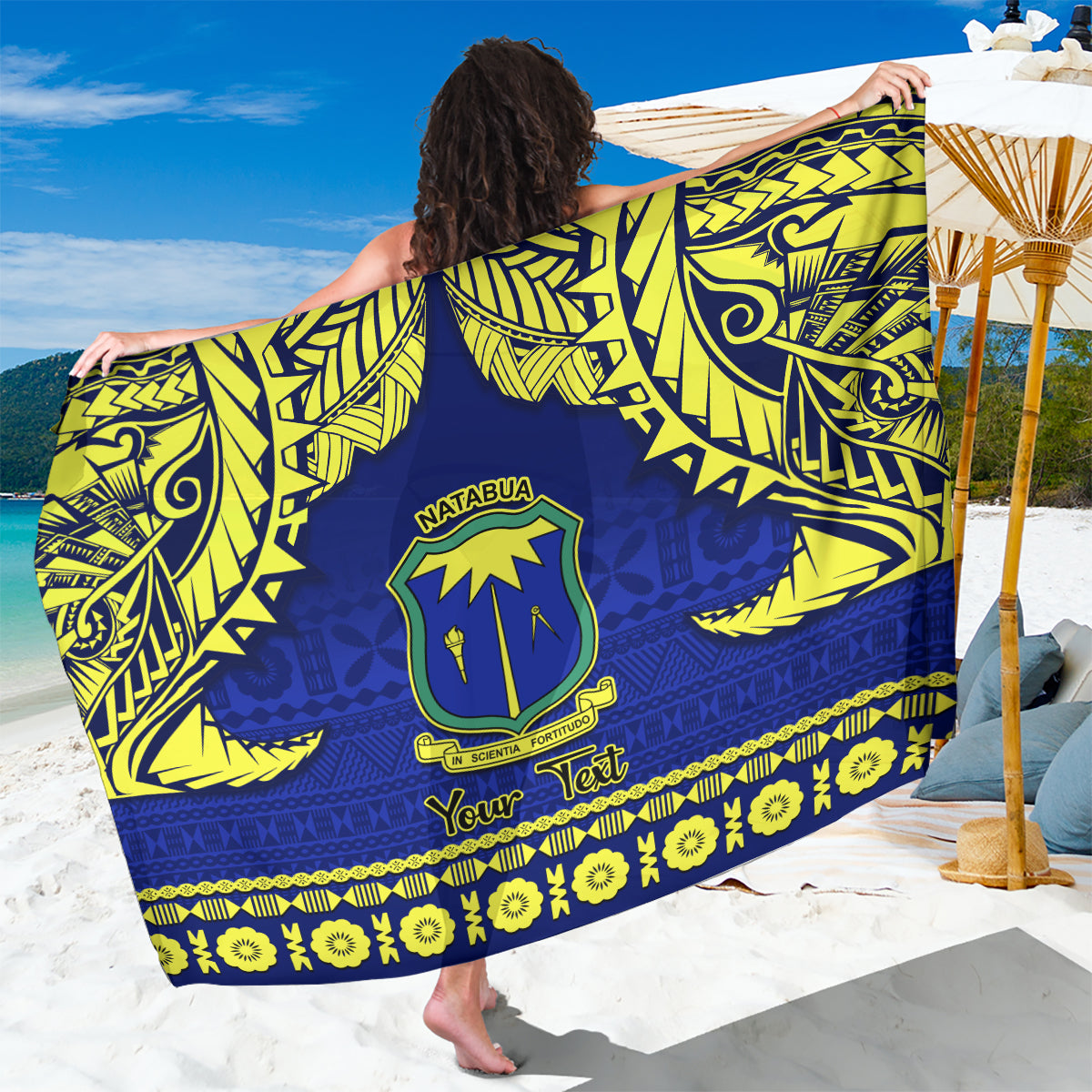 Personalised Fiji Natabua High School Sarong Fijian Tapa Pattern LT14 One Size 44 x 66 inches Blue - Polynesian Pride