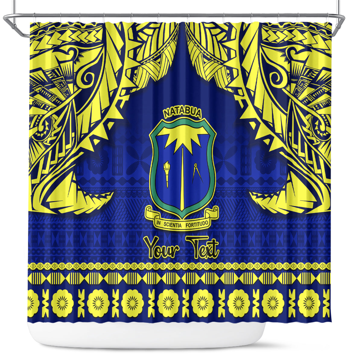 Personalised Fiji Natabua High School Shower Curtain Fijian Tapa Pattern LT14 Blue - Polynesian Pride