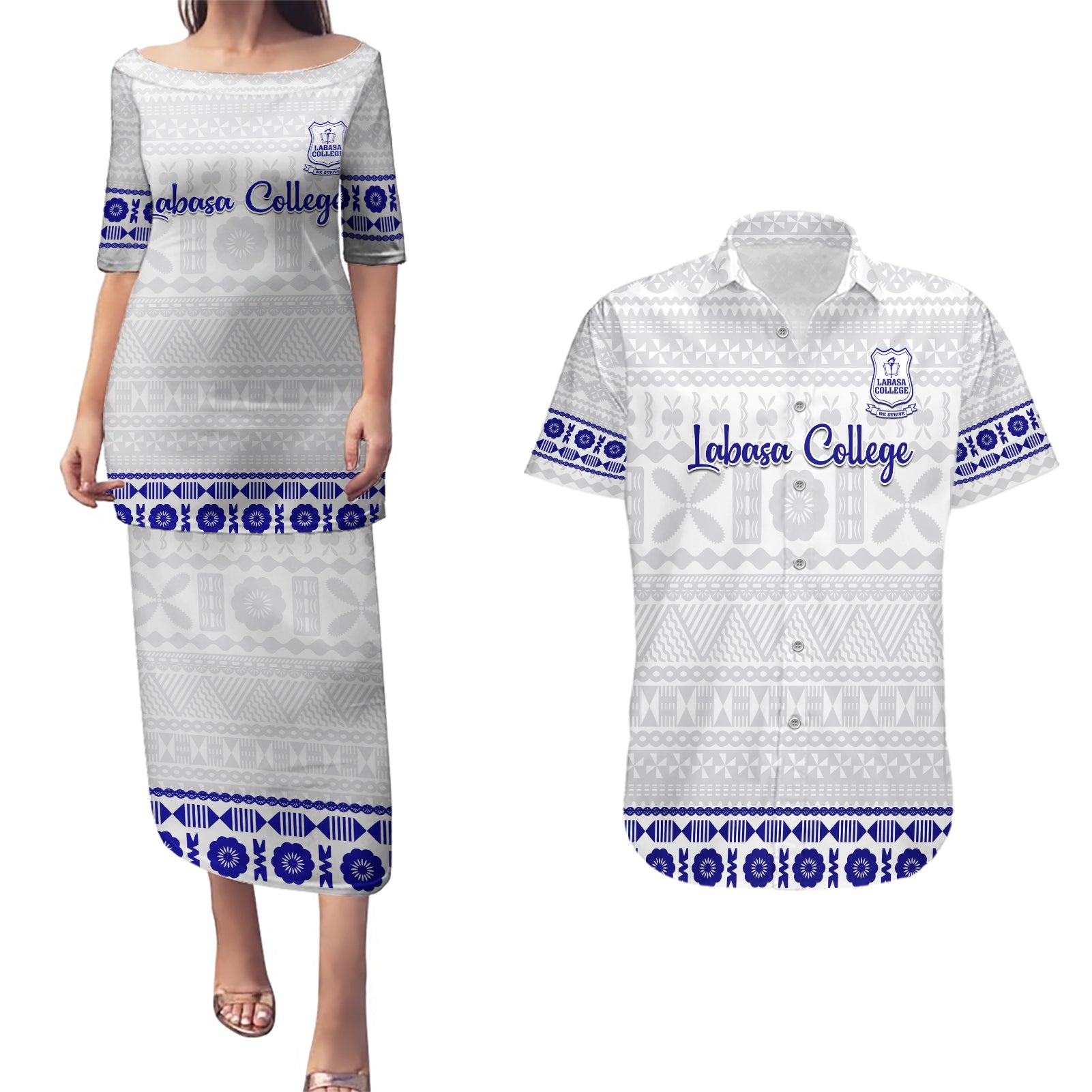 Personalised Fiji Labasa College Couples Matching Puletasi Dress and Hawaiian Shirt Fijian Tapa Pattern LT14 White - Polynesian Pride