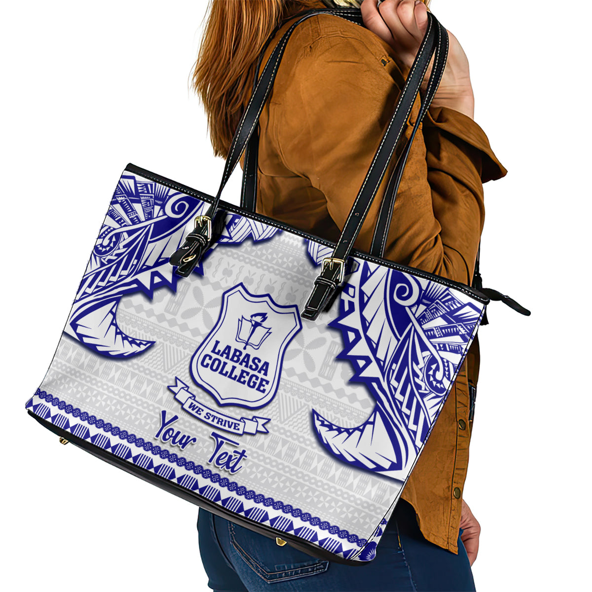 Personalised Fiji Labasa College Leather Tote Bag Fijian Tapa Pattern LT14 - Polynesian Pride