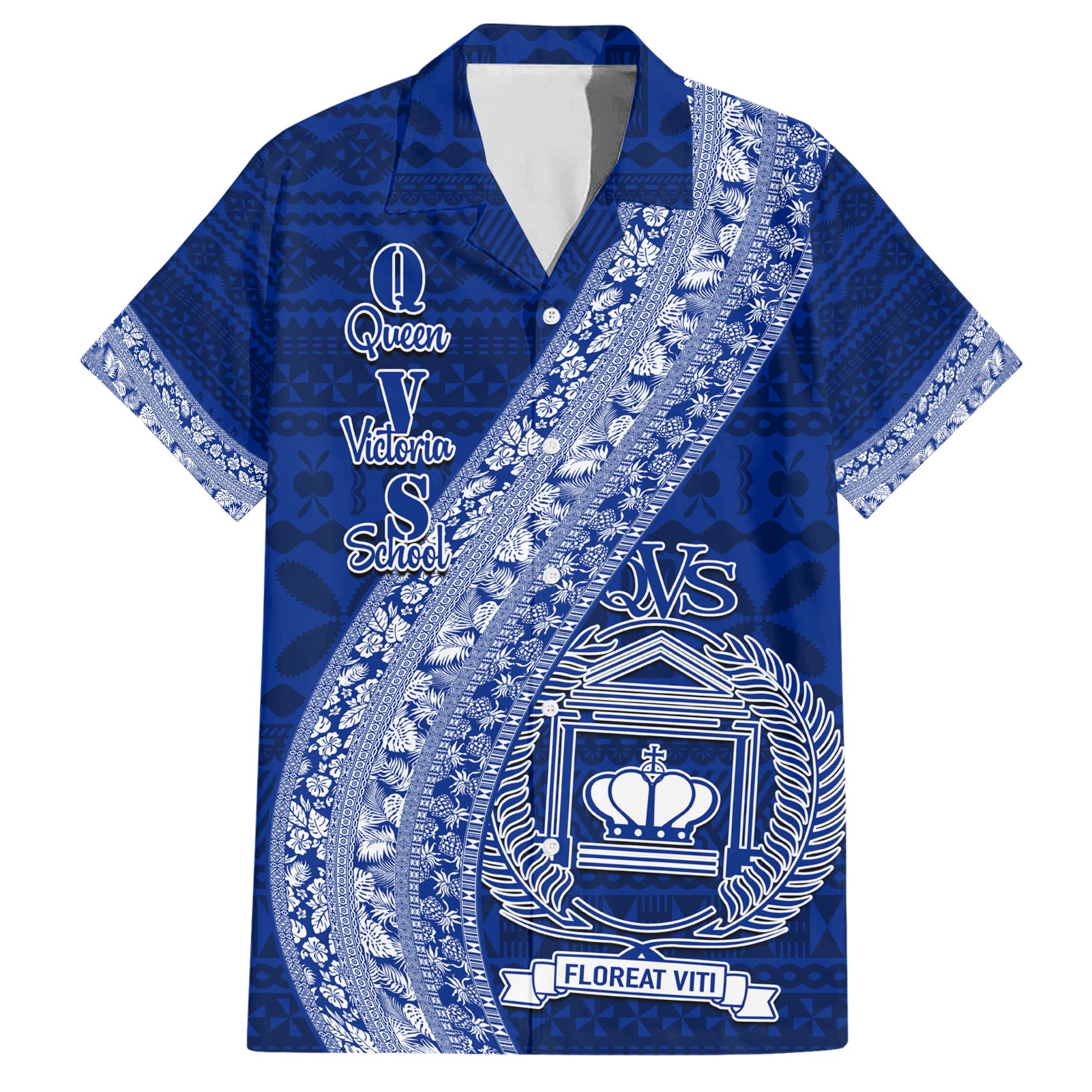 Personalised Fiji Queen Victoria School Hawaiian Shirt Fijian Tapa Pattern LT14 Blue - Polynesian Pride