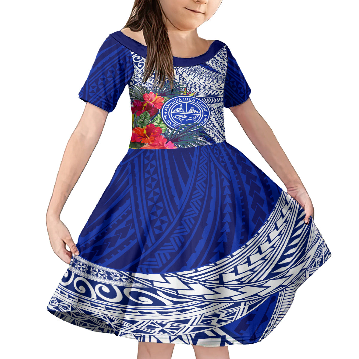 Personalised Samoana High School Kid Short Sleeve Dress American Samoa Schools Polynesian Tropical Flowers LT14 KID Blue - Polynesian Pride