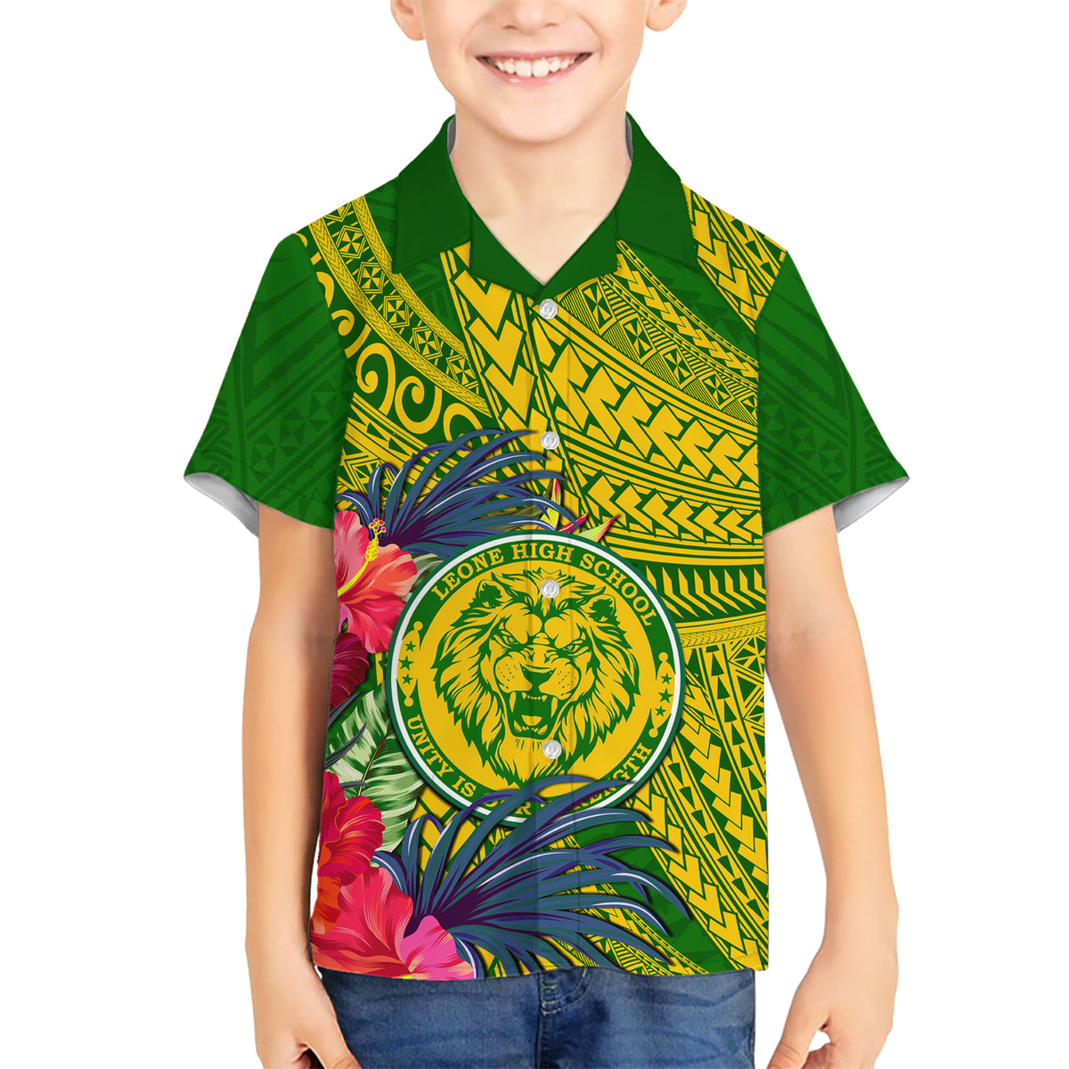 Personalised Leone High School Kid Hawaiian Shirt American Samoa Schools Polynesian Tropical Flowers LT14 Kid Green - Polynesian Pride