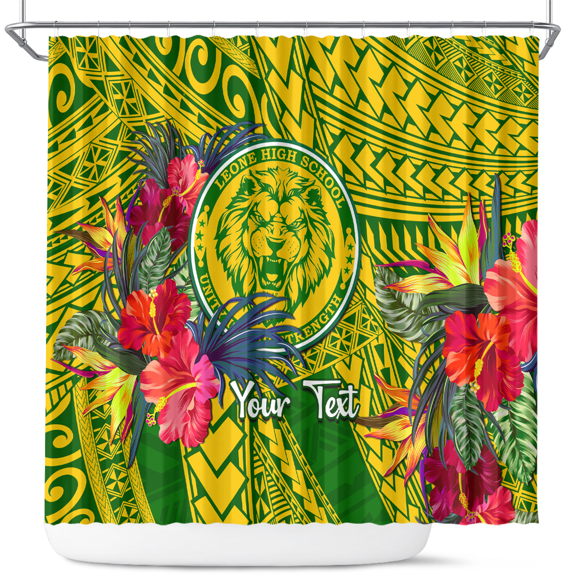 Personalised Leone High School Shower Curtain American Samoa Schools Polynesian Tropical Flowers LT14 Green - Polynesian Pride