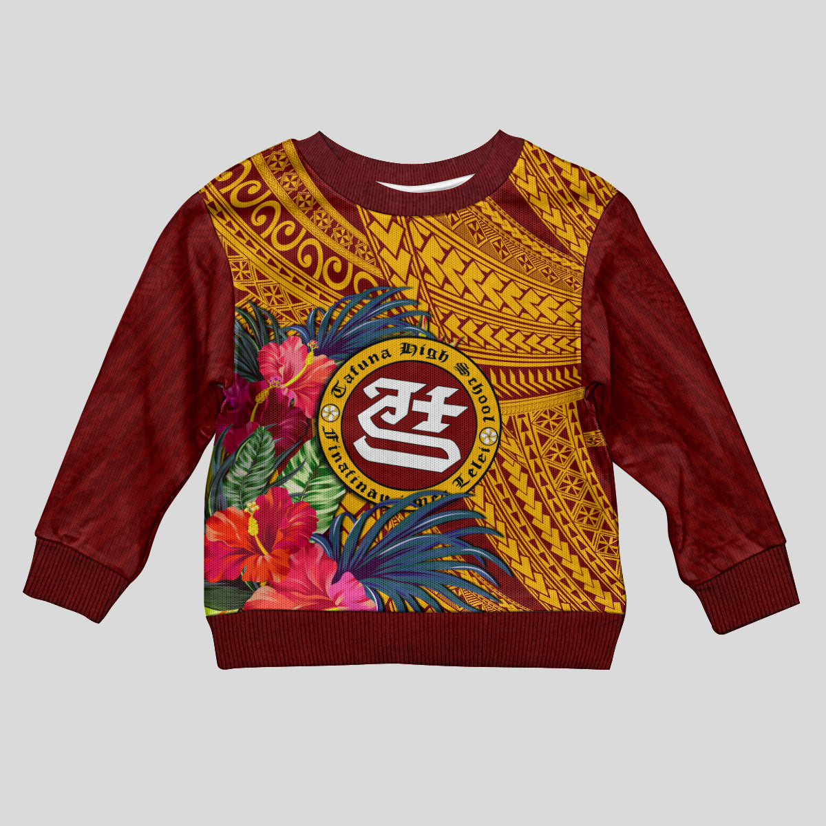 Personalised Tafuna High School Kid Ugly Christmas Sweater American Samoa Schools Polynesian Tropical Flowers LT14 Kid Maroon - Polynesian Pride