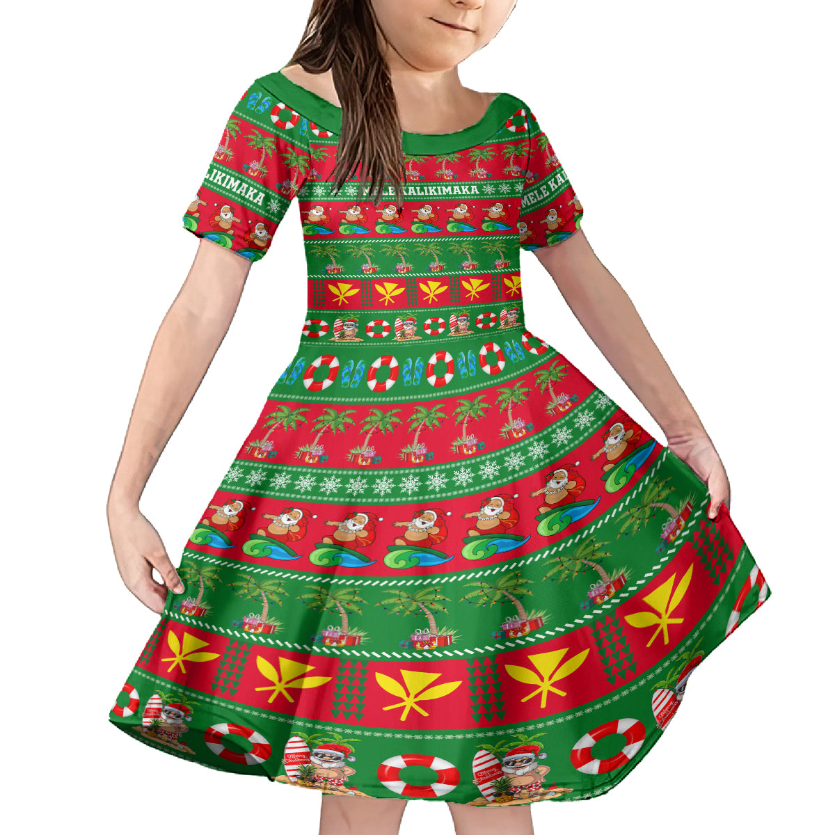 Personalised Hawaii Christmas Kid Short Sleeve Dress Mele Kalikimaka LT14 KID Green - Polynesian Pride