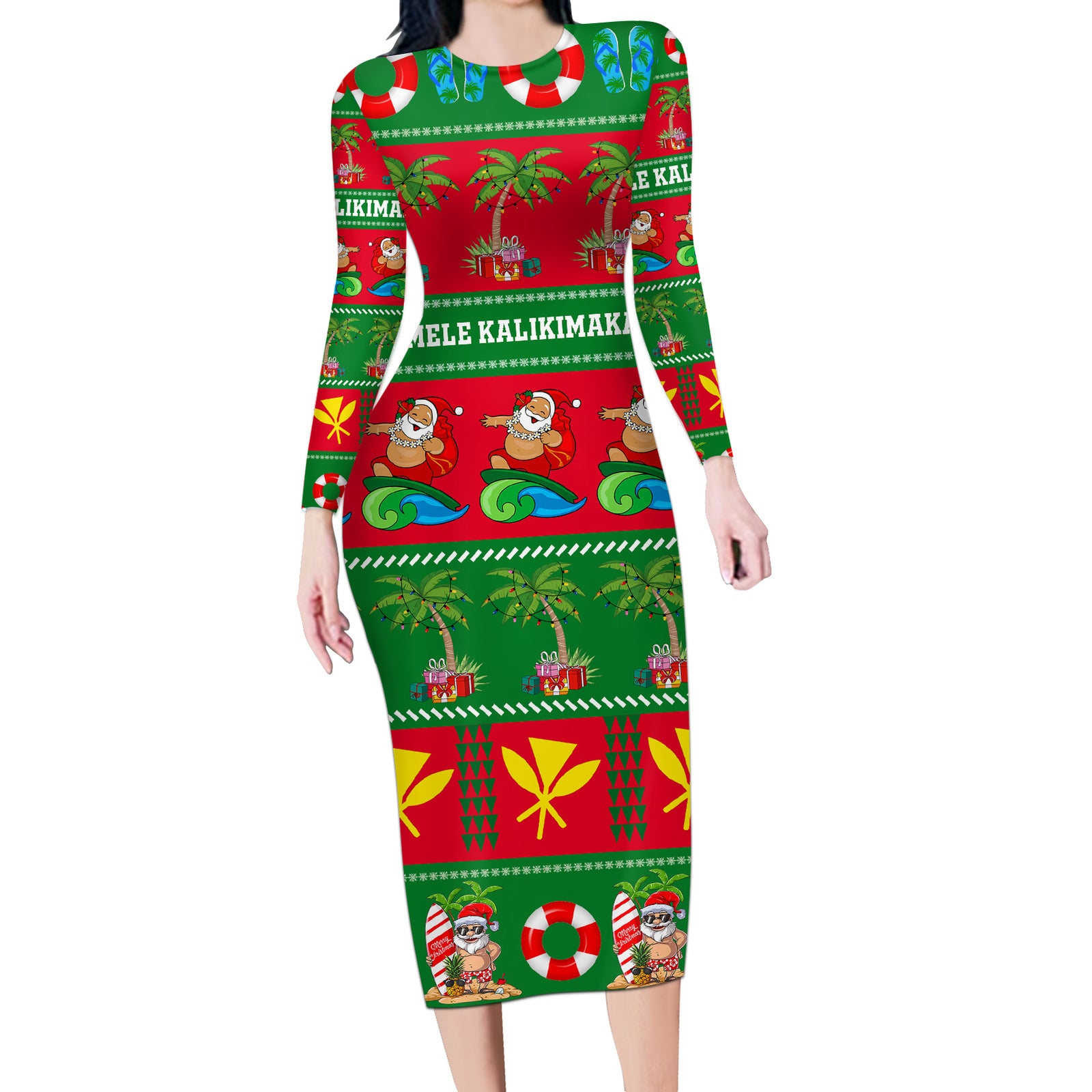 Personalised Hawaii Christmas Long Sleeve Bodycon Dress Mele Kalikimaka LT14 Long Dress Green - Polynesian Pride