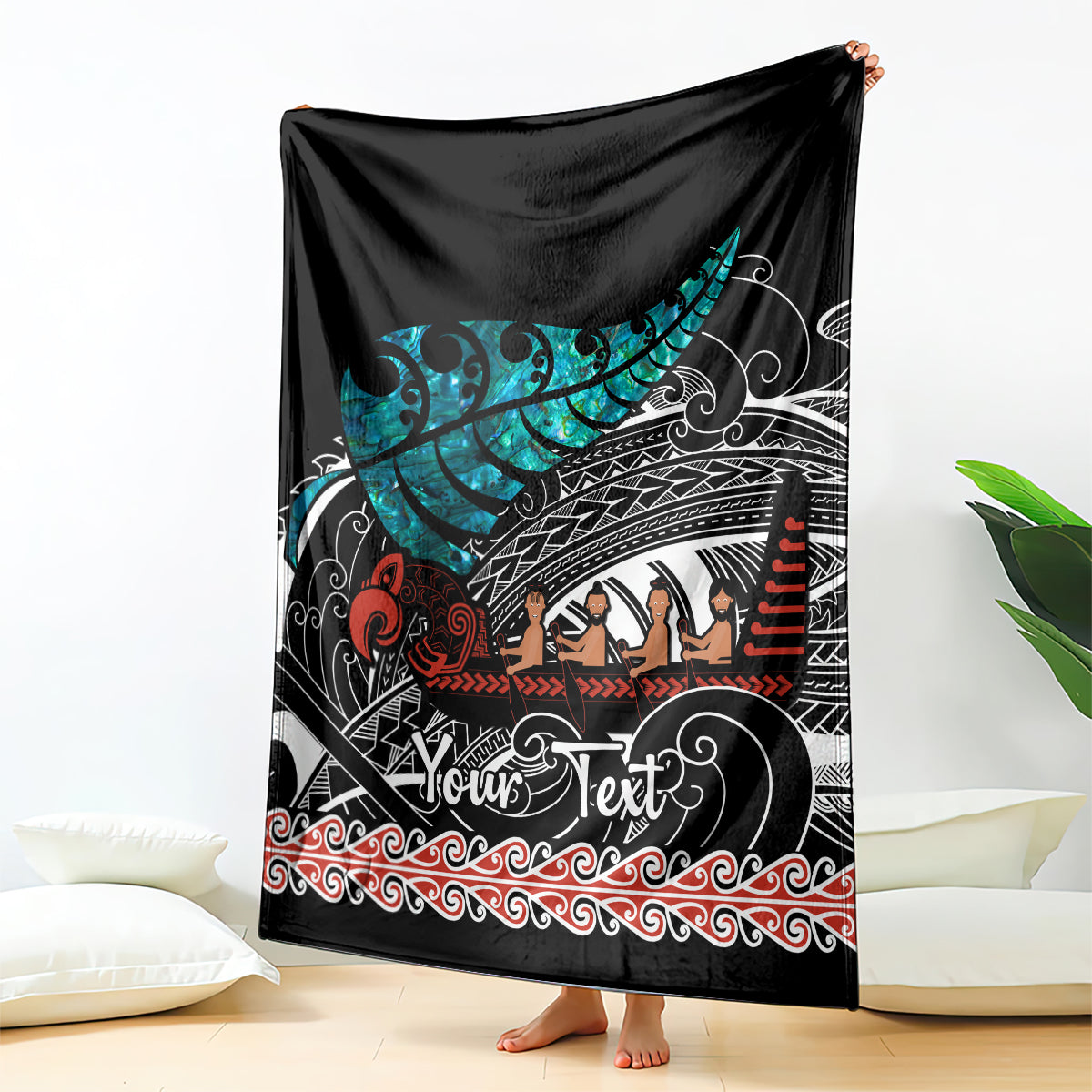 Personalised New Zealand Waka Blanket Aotearoa Maori Silver Fern Pattern LT14 Black - Polynesian Pride