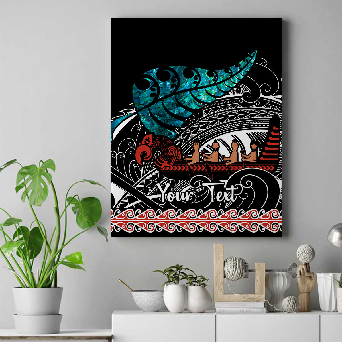 Personalised New Zealand Waka Canvas Wall Art Aotearoa Maori Silver Fern Pattern LT14 Black - Polynesian Pride