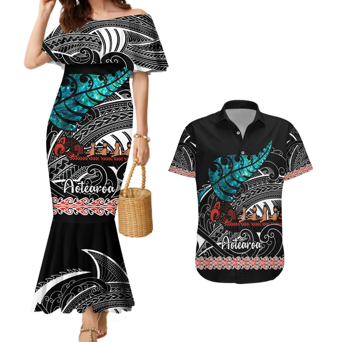 Personalised New Zealand Waka Couples Matching Mermaid Dress and Hawaiian Shirt Aotearoa Maori Silver Fern Pattern LT14 Black - Polynesian Pride