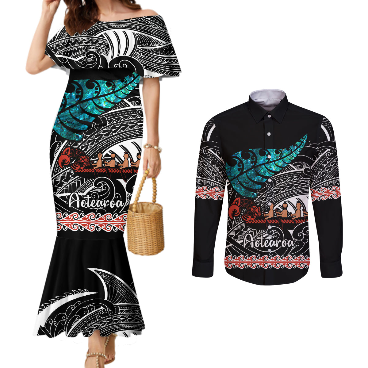 Personalised New Zealand Waka Couples Matching Mermaid Dress and Long Sleeve Button Shirt Aotearoa Maori Silver Fern Pattern LT14 Black - Polynesian Pride