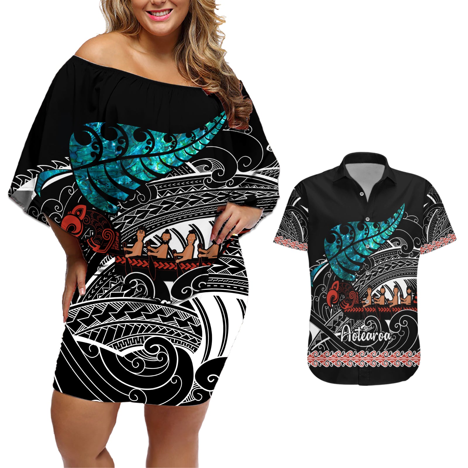 Personalised New Zealand Waka Couples Matching Off Shoulder Short Dress and Hawaiian Shirt Aotearoa Maori Silver Fern Pattern LT14 Black - Polynesian Pride