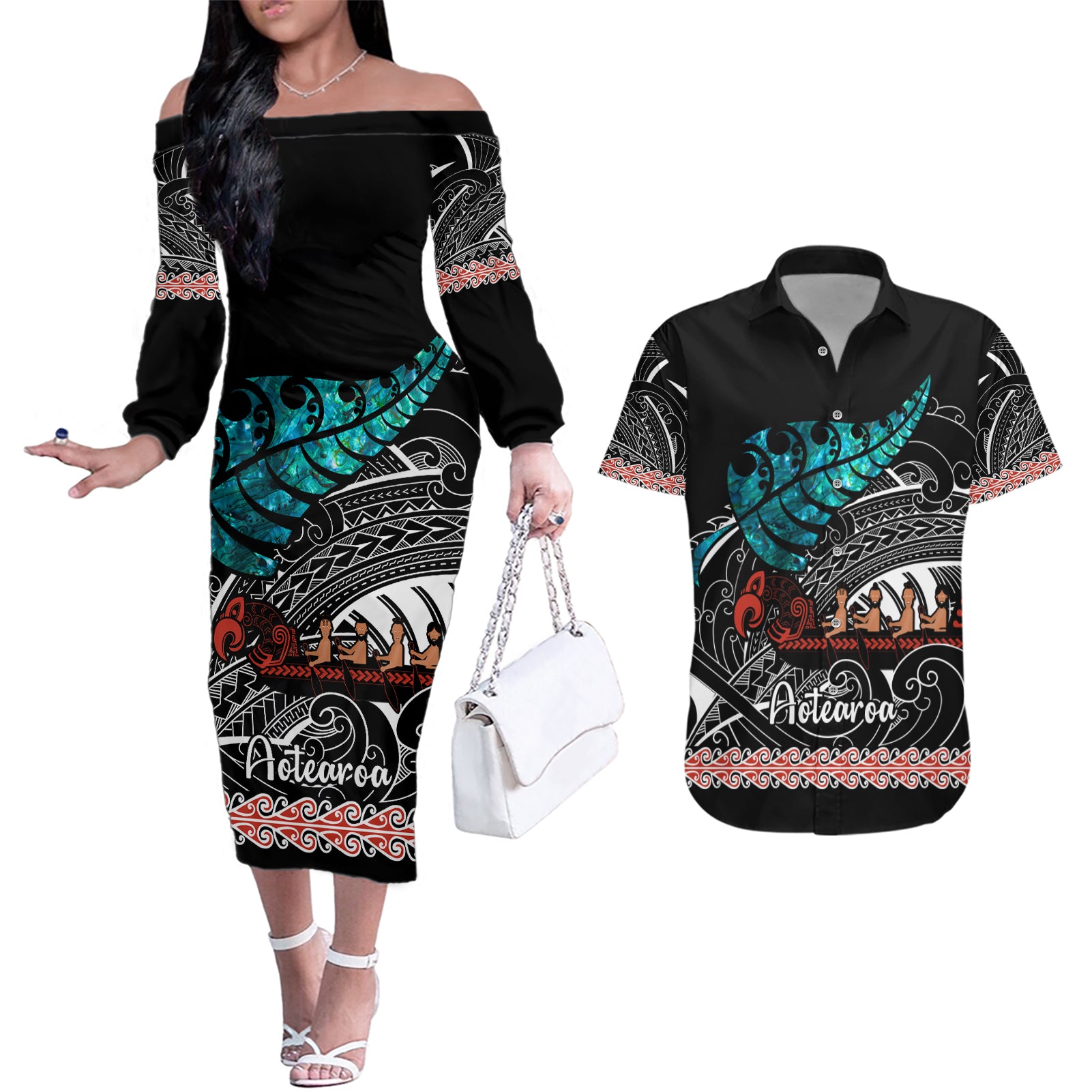 Personalised New Zealand Waka Couples Matching Off The Shoulder Long Sleeve Dress and Hawaiian Shirt Aotearoa Maori Silver Fern Pattern LT14 Black - Polynesian Pride