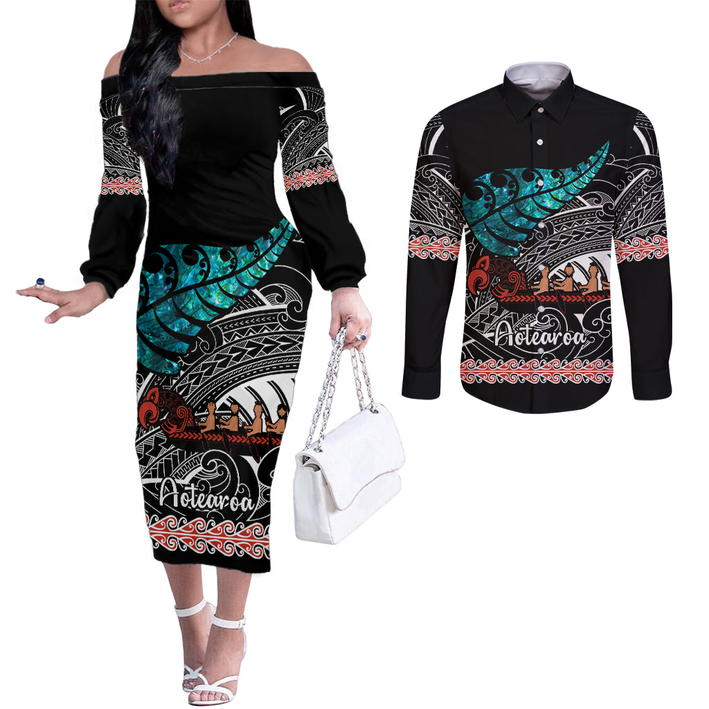 Personalised New Zealand Waka Couples Matching Off The Shoulder Long Sleeve Dress and Long Sleeve Button Shirt Aotearoa Maori Silver Fern Pattern LT14 Black - Polynesian Pride