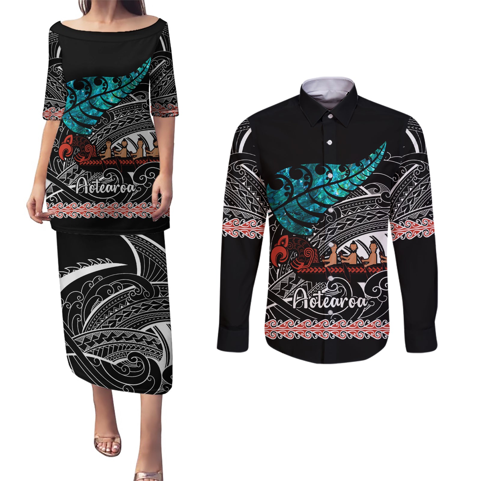 Personalised New Zealand Waka Couples Matching Puletasi Dress and Long Sleeve Button Shirt Aotearoa Maori Silver Fern Pattern LT14 Black - Polynesian Pride