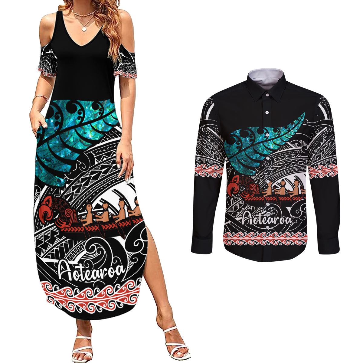 Personalised New Zealand Waka Couples Matching Summer Maxi Dress and Long Sleeve Button Shirt Aotearoa Maori Silver Fern Pattern LT14 Black - Polynesian Pride