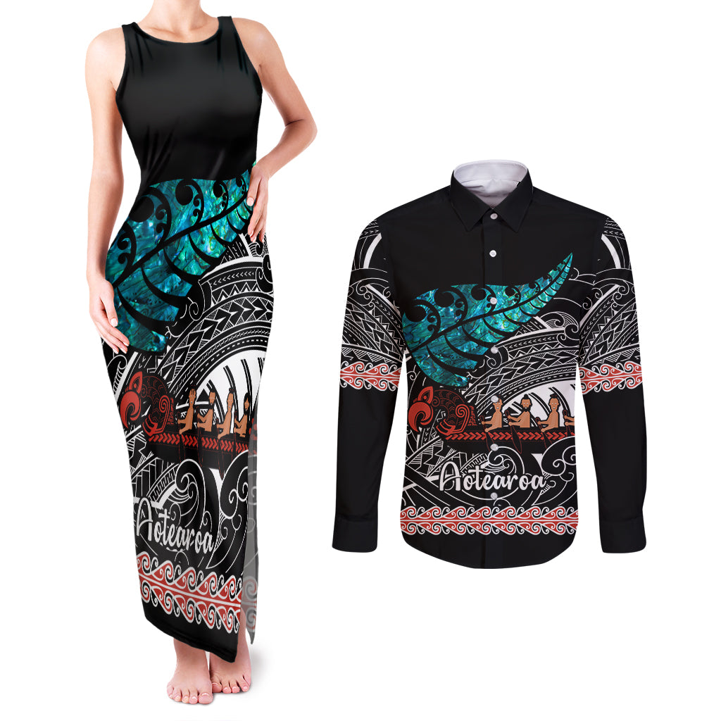 Personalised New Zealand Waka Couples Matching Tank Maxi Dress and Long Sleeve Button Shirt Aotearoa Maori Silver Fern Pattern LT14 Black - Polynesian Pride