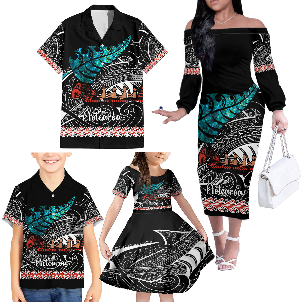 Personalised New Zealand Waka Family Matching Off Shoulder Long Sleeve Dress and Hawaiian Shirt Aotearoa Maori Silver Fern Pattern LT14 - Polynesian Pride