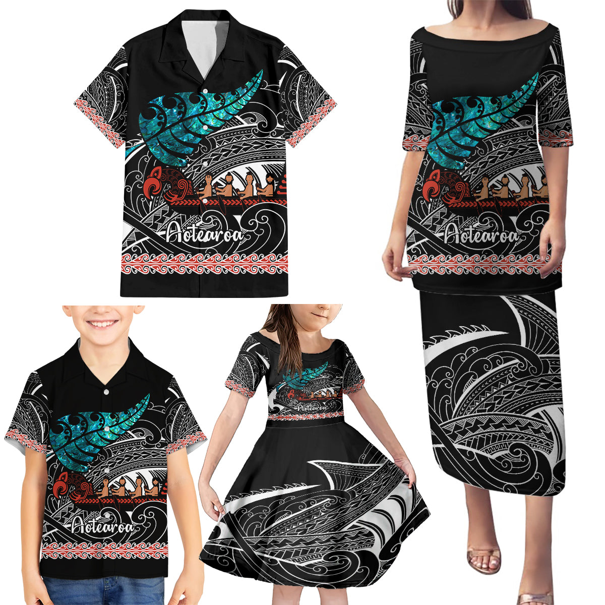 Personalised New Zealand Waka Family Matching Puletasi Dress and Hawaiian Shirt Aotearoa Maori Silver Fern Pattern LT14 - Polynesian Pride