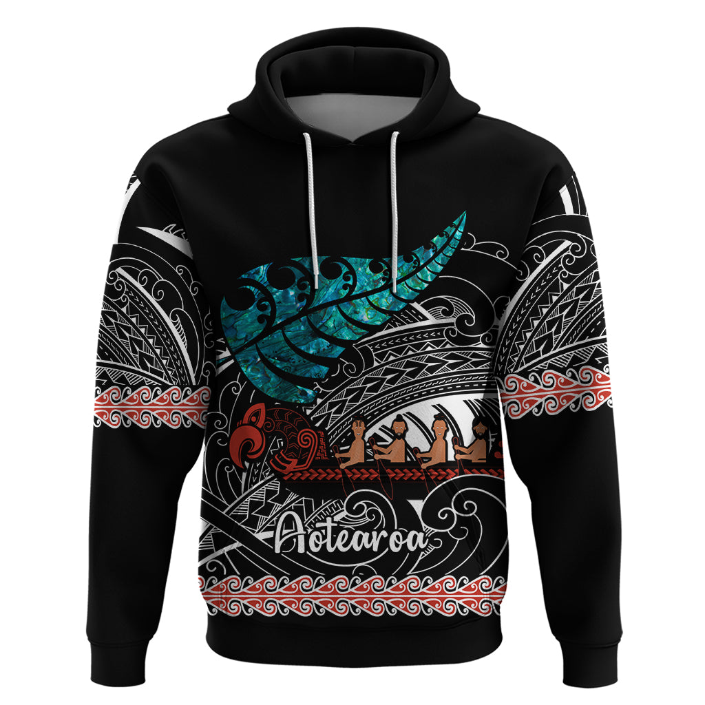 Personalised New Zealand Waka Hoodie Aotearoa Maori Silver Fern Pattern LT14 Black - Polynesian Pride