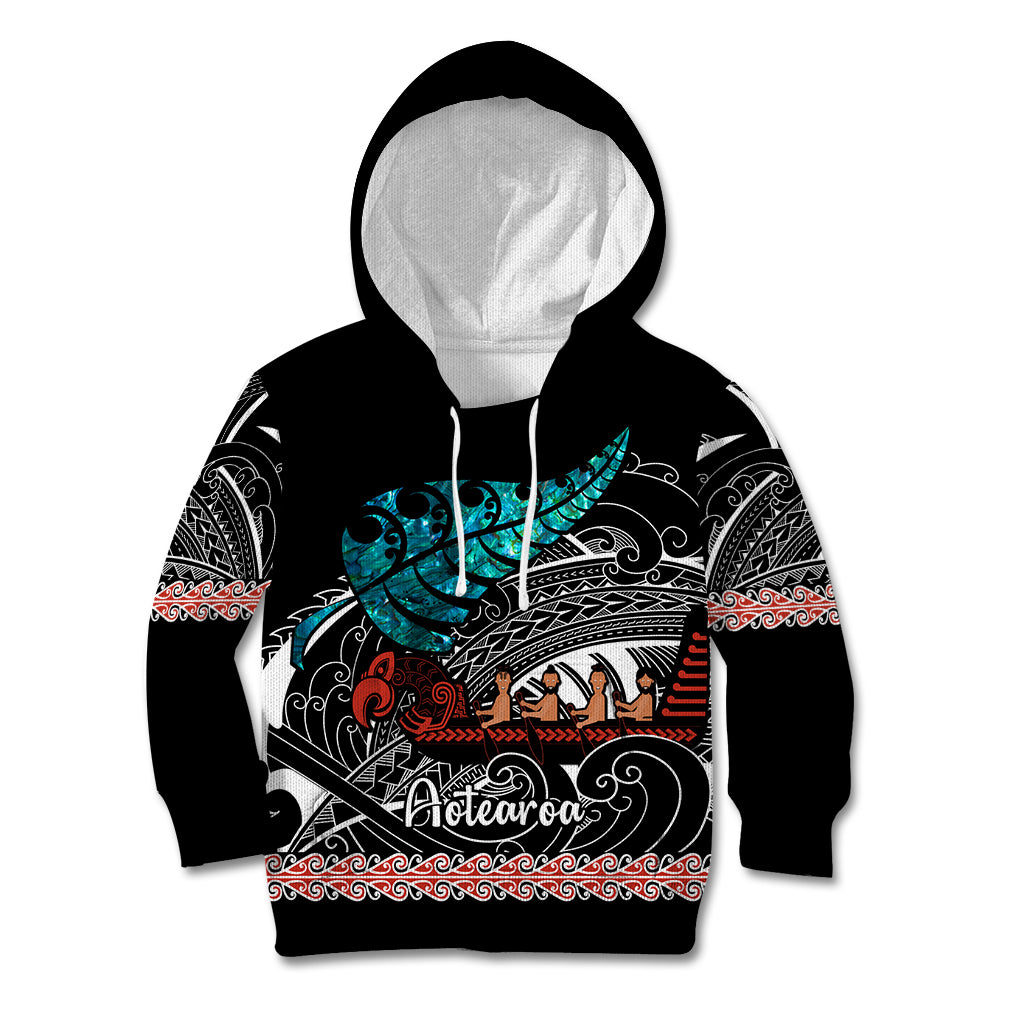 Personalised New Zealand Waka Kid Hoodie Aotearoa Maori Silver Fern Pattern LT14 Hoodie Black - Polynesian Pride