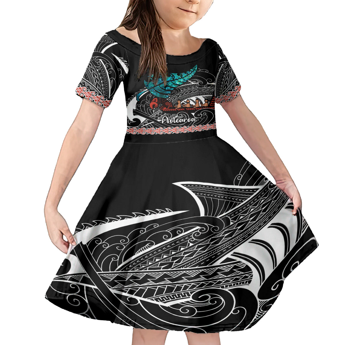 Personalised New Zealand Waka Kid Short Sleeve Dress Aotearoa Maori Silver Fern Pattern LT14 KID Black - Polynesian Pride