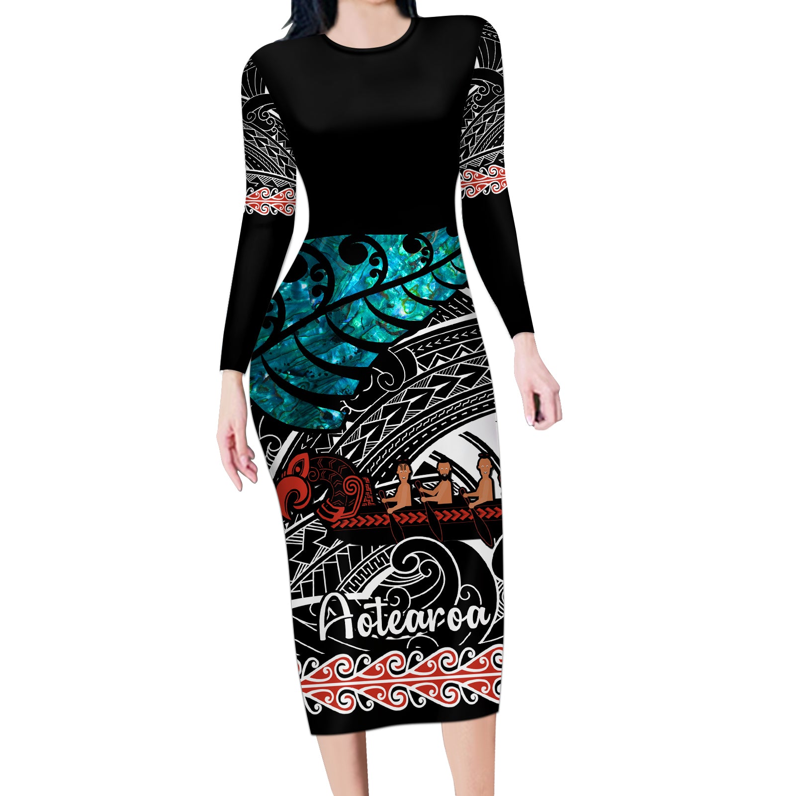 Personalised New Zealand Waka Long Sleeve Bodycon Dress Aotearoa Maori Silver Fern Pattern LT14 Long Dress Black - Polynesian Pride