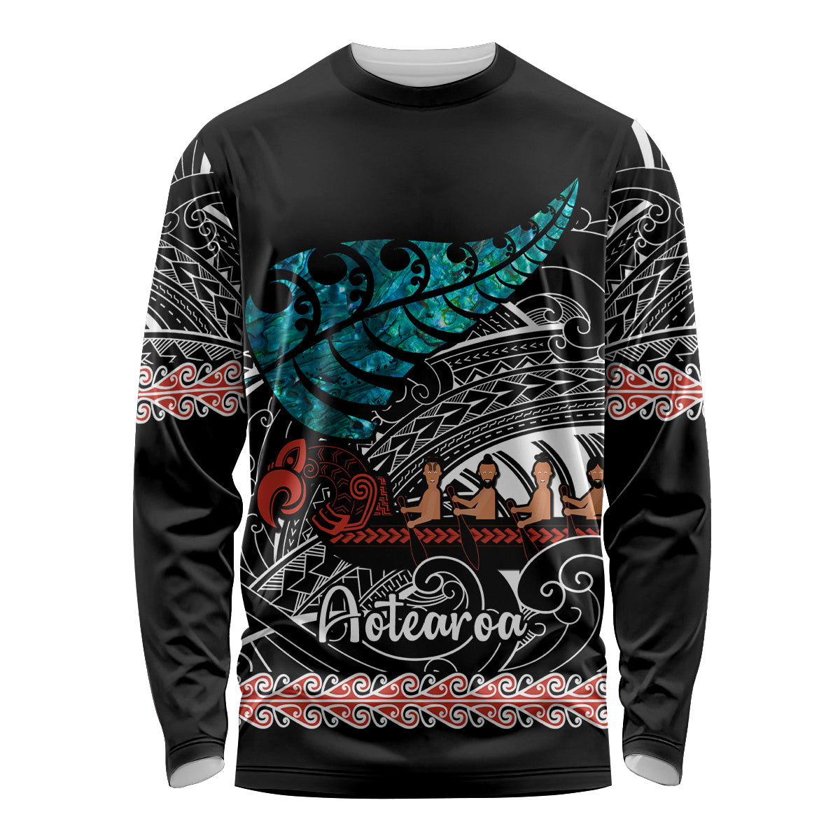 Personalised New Zealand Waka Long Sleeve Shirt Aotearoa Maori Silver Fern Pattern LT14 Unisex Black - Polynesian Pride