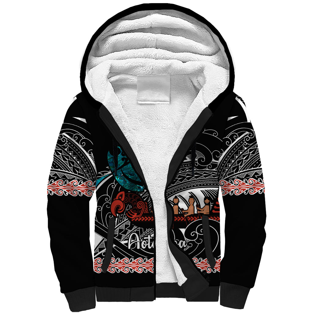 Personalised New Zealand Waka Sherpa Hoodie Aotearoa Maori Silver Fern Pattern LT14 Unisex Black - Polynesian Pride