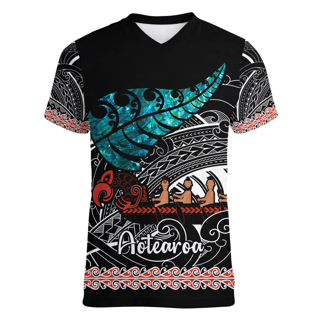 Personalised New Zealand Waka Women V Neck T Shirt Aotearoa Maori Silver Fern Pattern LT14 Female Black - Polynesian Pride