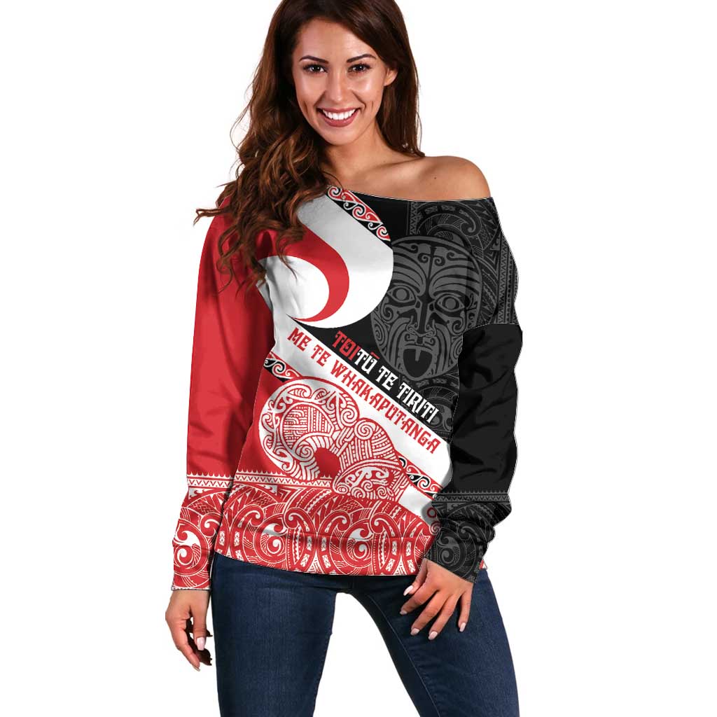 Toitu Te Tiriti Me Te Whakaputanga Off Shoulder Sweater Maori Wahaika With Haka Face LT14 Women Red - Polynesian Pride