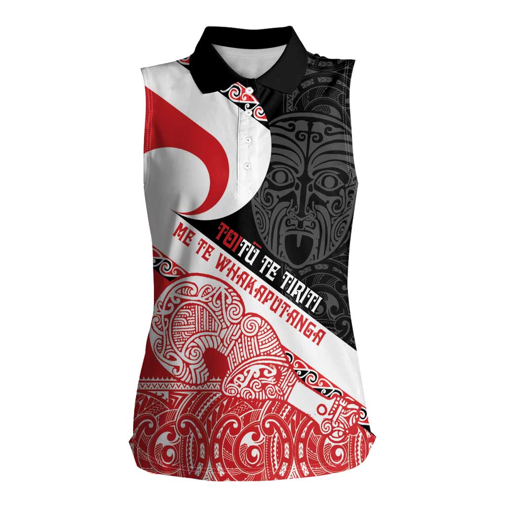 Toitu Te Tiriti Me Te Whakaputanga Women Sleeveless Polo Shirt Maori Wahaika With Haka Face