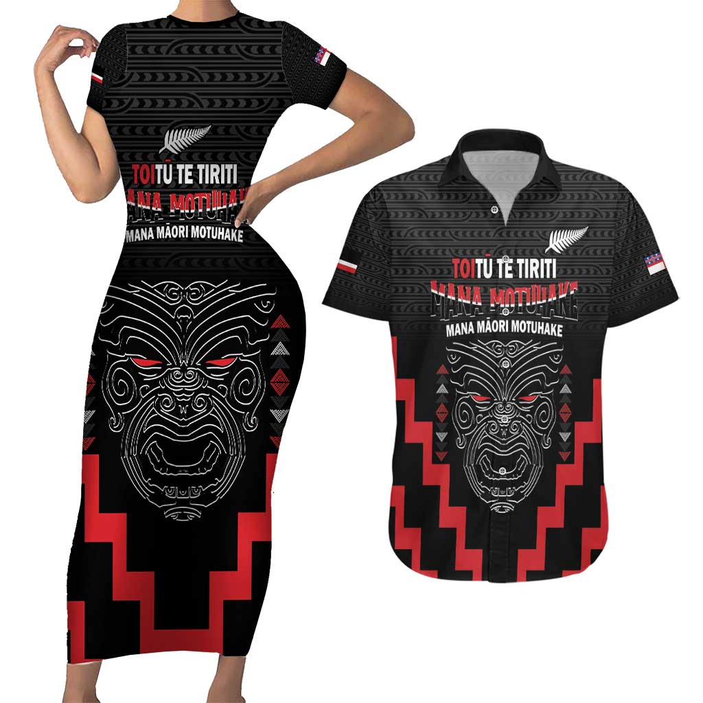 Personalised Toitu Te Tiriti Mana Maori Motuhake Couples Matching Short Sleeve Bodycon Dress and Hawaiian Shirt Aotearoa Haka Face Mix Poutama Art