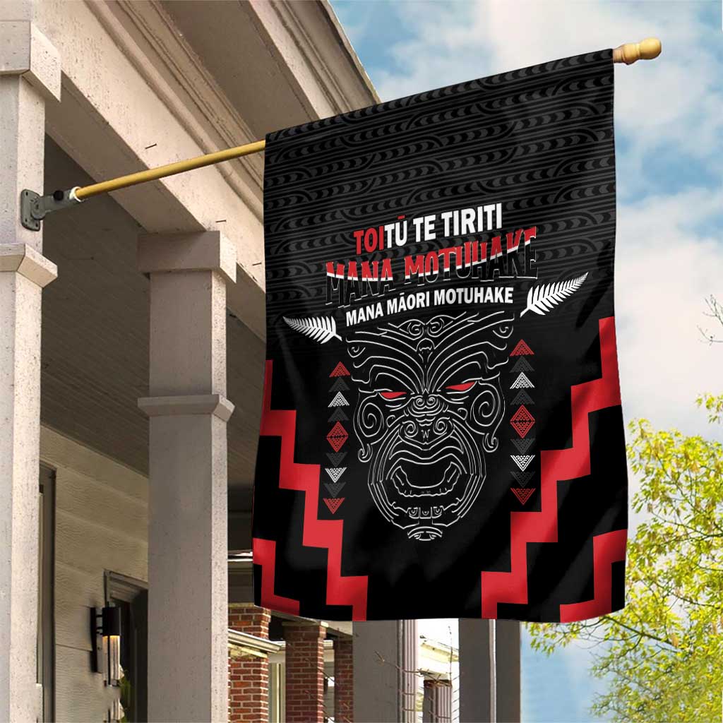 Personalised Toitu Te Tiriti Mana Maori Motuhake Garden Flag Aotearoa Haka Face Mix Poutama Art LT14 House Flag Black - Polynesian Pride