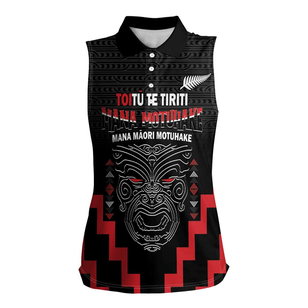 Personalised Toitu Te Tiriti Mana Maori Motuhake Women Sleeveless Polo Shirt Aotearoa Haka Face Mix Poutama Art