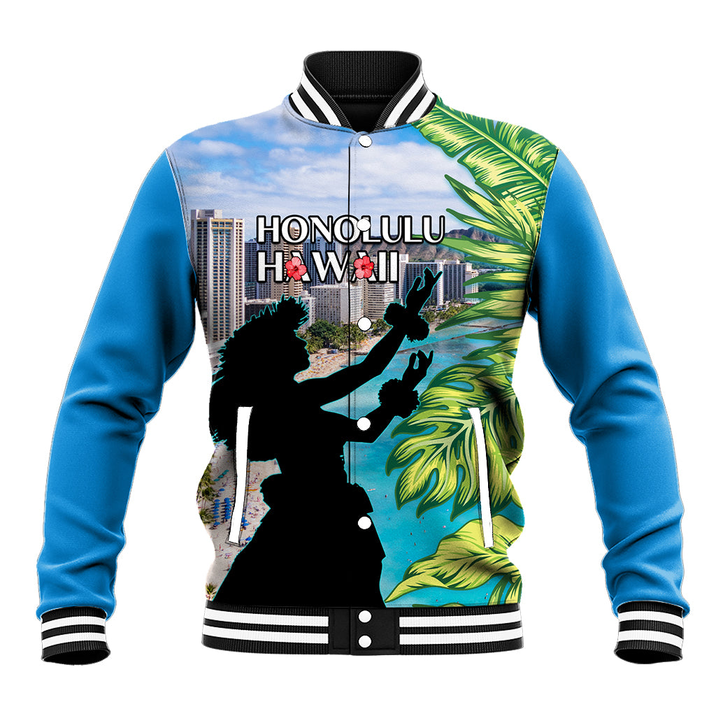 Personalised Honolulu Aloha Hawaii Baseball Jacket Tropical Leaves With Hula Girl LT14 Unisex Blue - Polynesian Pride