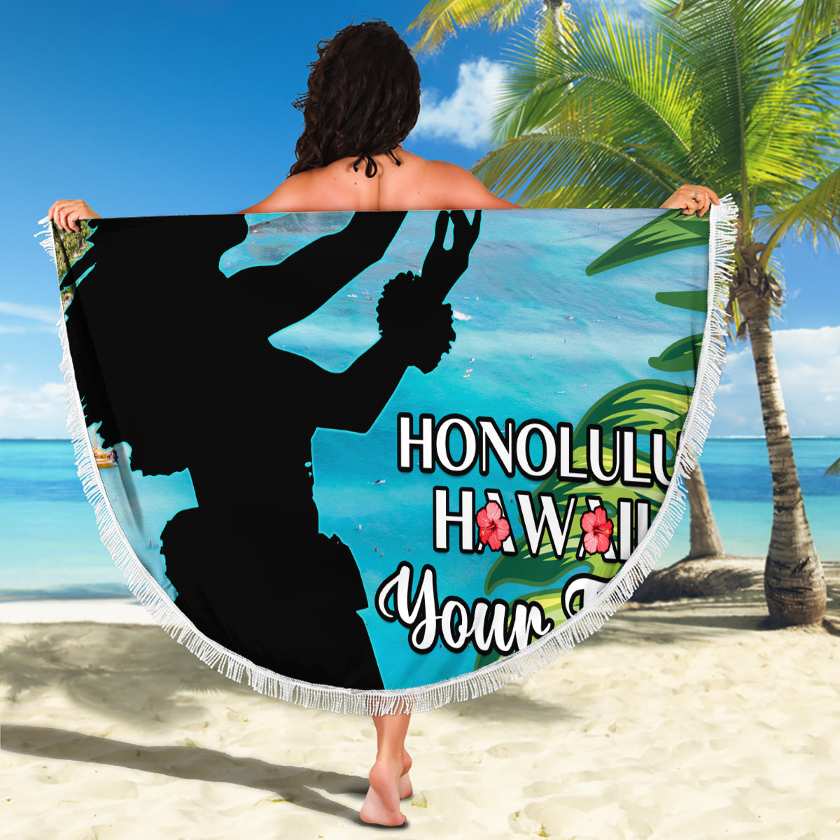 Personalised Honolulu Aloha Hawaii Beach Blanket Tropical Leaves With Hula Girl LT14 - Polynesian Pride