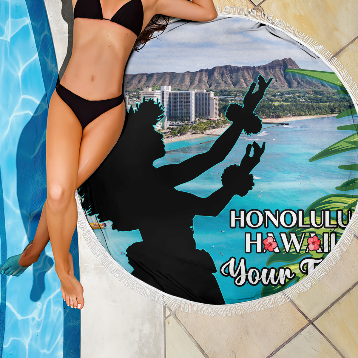 Personalised Honolulu Aloha Hawaii Beach Blanket Tropical Leaves With Hula Girl LT14 - Polynesian Pride